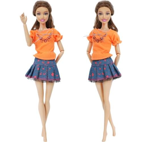 Handmade Outfit Casual Wear Summer Orange Bowknot Flower Pattern Shirt Blouse Denim Skirt Clothes For Barbie Doll Accessories