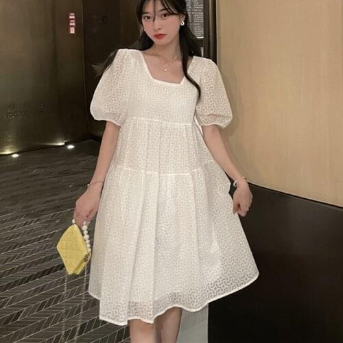 Dresses Women Vintage Square Neck Women Dress Mini Summer 2021 Shorts Sleeve Solid Loose Oversize Clothing Women 789E