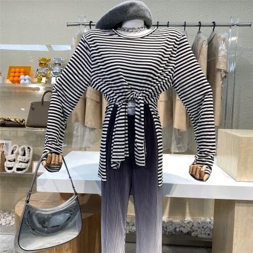 Casual Joker Loose Striped Shoulder Pad Long Sleeve T-shirt 2021 New Design Sense Small Split Round Neck Top