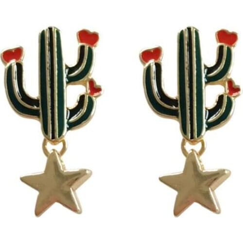 Temperament Female Star Green Plants Cactus Earrings Simple Dripping Oil Womens Earrings Fashion Girl Jewelry Gift