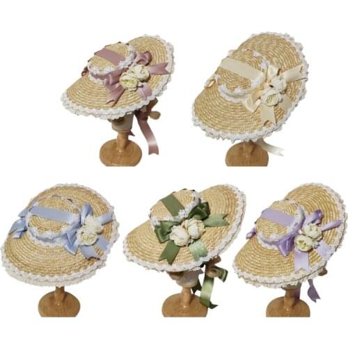 Japanese Lolita Sweet Straw Sun Hat Lace Ribbon Bow Wide Brim Tea Party Flat Cap Patchwork Bandage Bowknot Elegant Tea Party