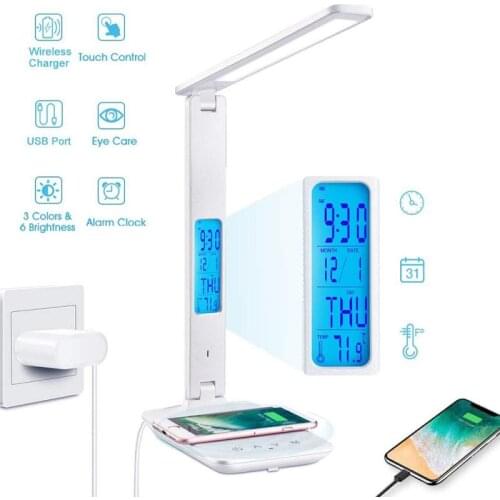 LED Table Lamp Intelligent Mobile Phone Wireless Charging Calendar Temperature Alarm Clock Adjustable Bedroom Reading Light