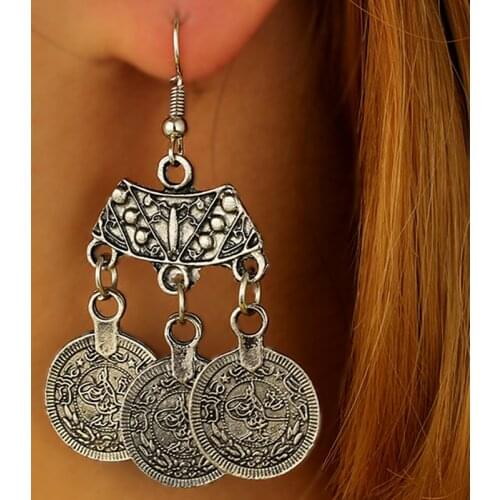 Tibetan Tribal Design Coin Pendant Earrings Bohemian Ethnic Coin Hook Ear Stud Hippie Long Dangle Jewelry