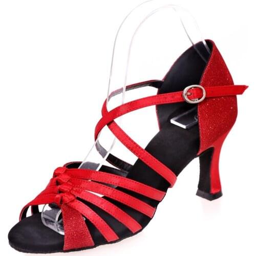 Lady latin dance shoes glitter with satin girls ballroom professional Salsa tango party dancing sandals thin bands with knots