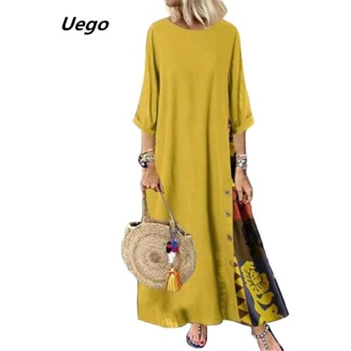 Uego Three Quarter Summer Autumn Dress Cotton Linen Loose Women Dress Plus Size M-5XL Spring Long Maxi Dress Print Vintage Dress