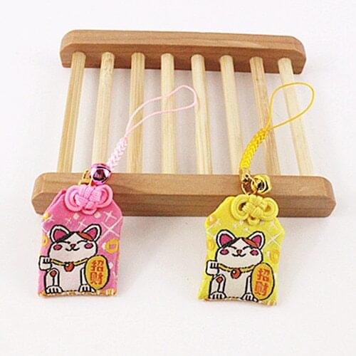 Japanese Style Lucky Amulet Fortune Cat KeyChains Bless With Safeness Key Chains Cute Omamori Pendant Lucky Charm Keyrings