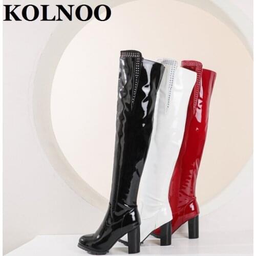 KOLNOO Handmade New Womens Chunky Heels Over-knee Boots Patent Leather Three Colour Sexy Night-Club Evening Fashion Long Shoes