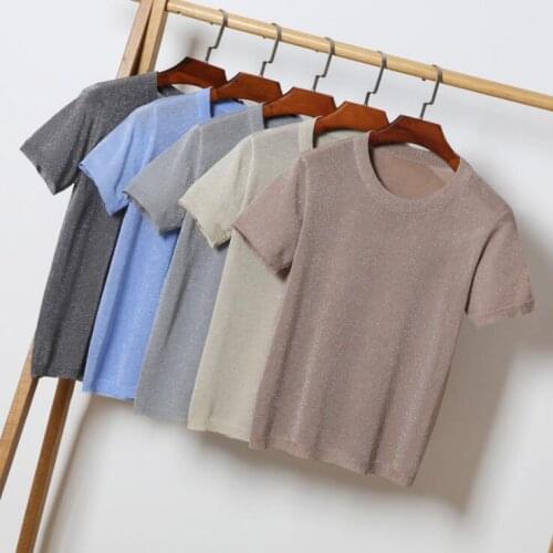 Queechalle knitted pullover womens casual round neck solid loose thin sweater Female bright silk brief short sleeve women tops