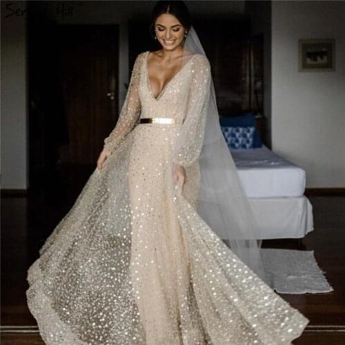 Nude Backless Long Sleeves A-Line Prom Dresses 2020 V-Neck Beading Perspective Sexy Prom Gowns Long Serene Hill BLA70194