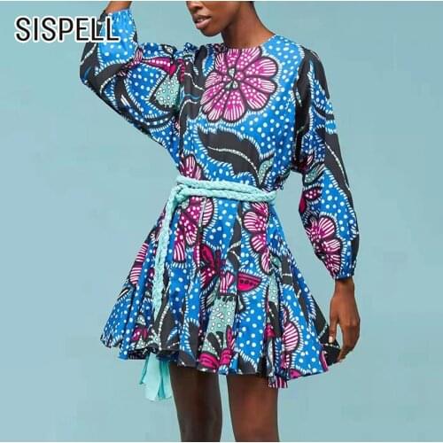 SISPELL Dot Floral Print Dress For Women Lantern Long Sleeve A Line Slim Lace Up Spring Mini Dresses Female 2021 Fashion New
