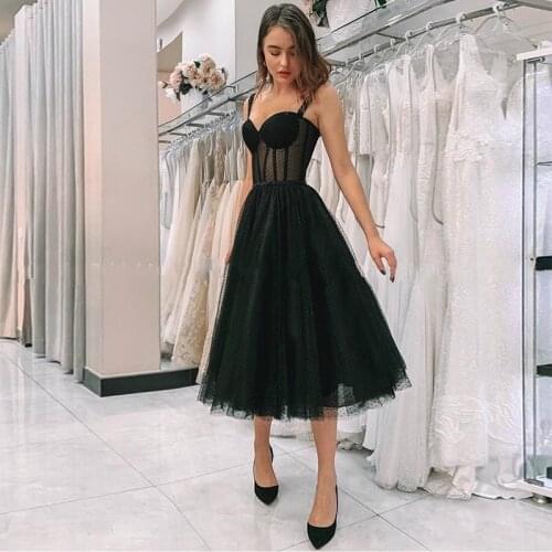 Black Polka Dot Tulle Short Prom Dresses Velour Tea Length Evening Gown 2020 Hot Sale Women Wedding Party Dress Vestido De Festa