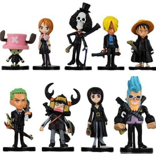 9 Pcs/Lot Anime Q Version Black Clothes One Piece Luffy Zoro Nami Usopp Pvc Figure Desk Cake Car Model Collection Decoration