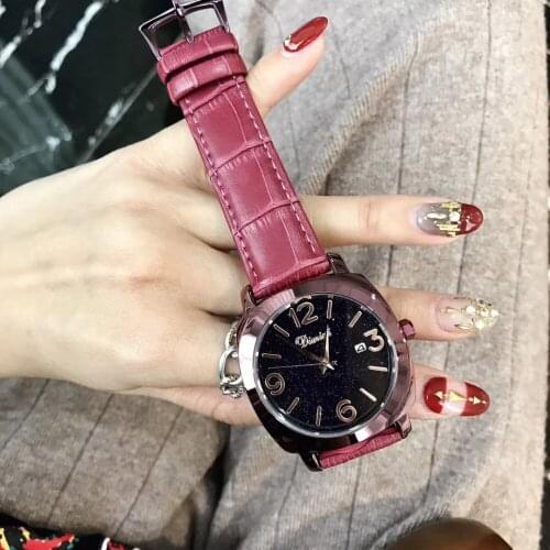 Fashion Vivid Purple Leather Strap Watches for Women Big Size Calendar Watch Waterproof Quartz Students Wrist watch Brand Montre