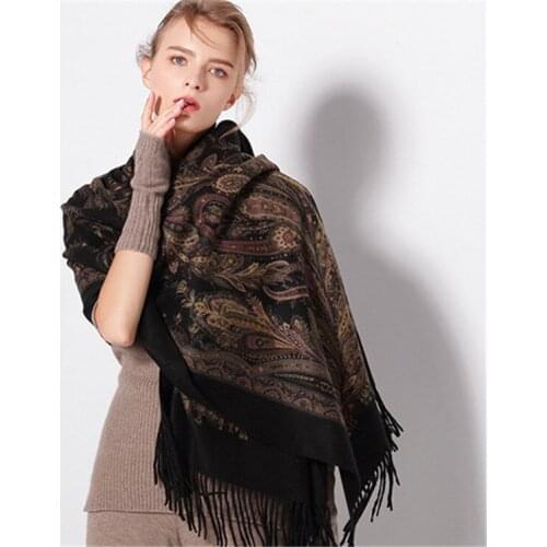 Double-sided color 100%wool women fashion printed thcik scarfs shawl pashmina 70x180cm black 3color