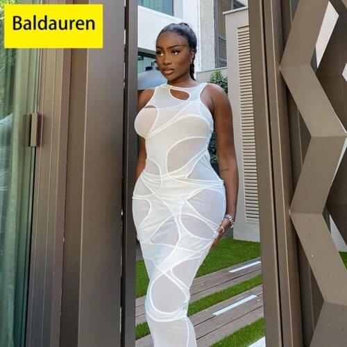 Baldauren 2021 Hot sale Sexy Women Dress Hollow Out Long Dresses Solid Color Sleeveless Party Night Clubwear Dresses Vestidos