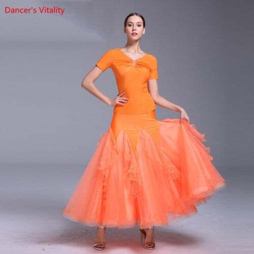 Ballroom Dance Suit New Diamond Short Sleeves Tops+Big Swing Skirt 2Pcs Set For Women Ballroom Waltz Stage Performance Clothing