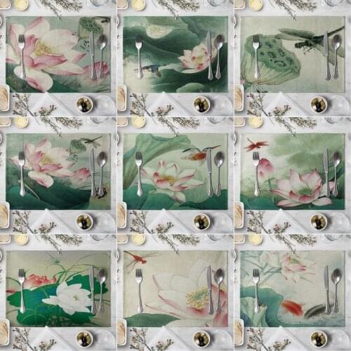 Lotus Flower Kitchen Placemat Coaster Dining Table Mats Cotton Linen Pad Bowl Cup Mat Home Decor