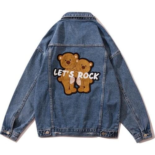 Men Denim Loose Jacket Cartoon Bear High Quality Men Coat Couple Wear Pockets Casual Outerwear Lets Rock