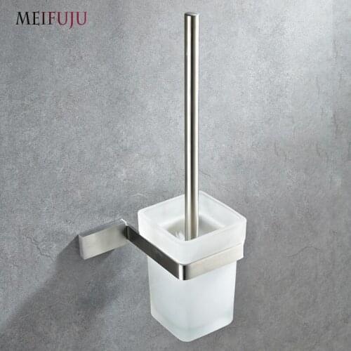 Square Solid Bathroom Toilet Brush Holder Stainless Steel Wall Mounted Toilet Brush Holder Set with Glass Toilet Brush Cup