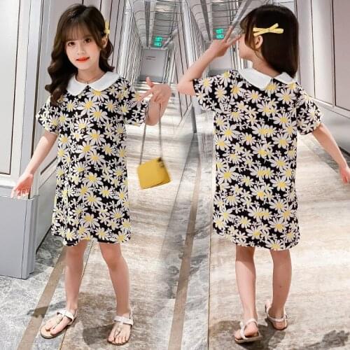 Summer Girls' Dresses Big ChildrenS Clothing New Casual Fashion Small Lapel Flower Dresses Teenager Clothes 4-13 Years