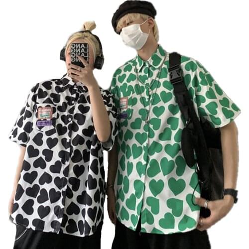 Summer Women Harajuku Love Heart Print Blouses Oversized Unisex Couple Matching Shirt Tops High Street All-match Holiday Clothes