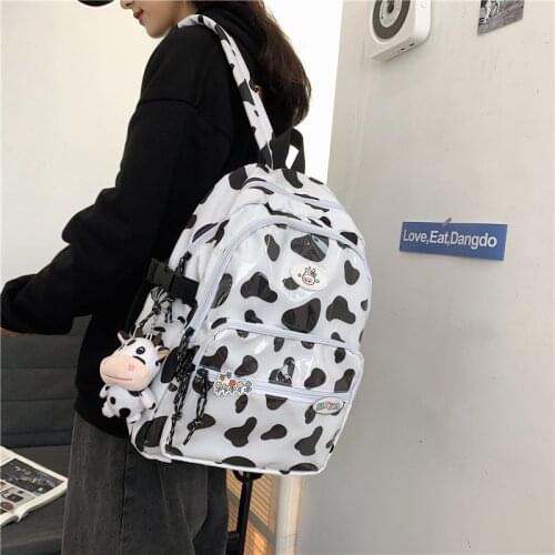 Cute Cow Pattern Backpacks for Teenage Girls Rainproof Nylon PVC Multi Pocket Travel Backpacks Female School Bag Book Mochilas