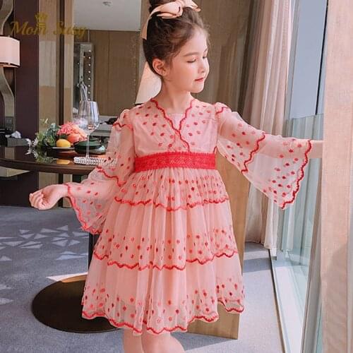 Baby Girl Princess Flower Layered Dress Long Sleeve Toddler Teenager Embroidery Flower Tulle Vestido Party Wedding Baby Clothes