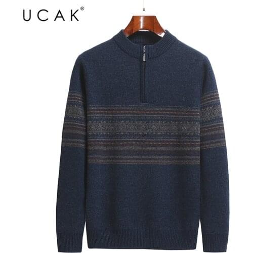 UCAK Brand Classic Pure Merino Wool Men Sweaters O-Neck Striped Streetwear Sweater Pull Homme Autumn Winter Thick Pullover U1309
