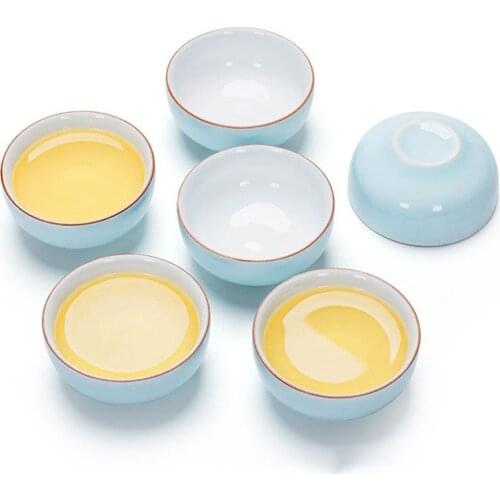 6pcs Creative Outside Blue inside white Kung Fu Tea Cup Set,Chinese Porcelain Teacup Set Celadon Tea Cup Set Travel Tea Bowl