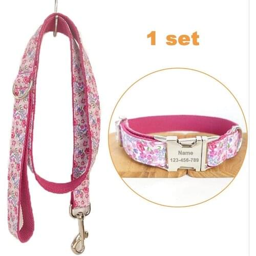Customize Dog Collar Set Adjustable Pet Leash Rope Collar Set Print Style Premium Dog Collar Laser Engraving Flower Pink