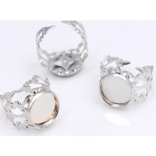 New 12mm 10pcs/Lot Classic Rhodium Plated Copper Material Adjustable Ring Settings Base,Fit 12mm Glass Cabochons;Ring Bezels