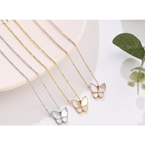 French Butterfly Inlaid with Pearl Pendant Rose Gold Color Titanium Steel Necklace Women Jewelry (GN241)