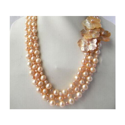 3Strands 6-7-9-10mm Pink Round Freshwater Pearl Shell Flower Necklace