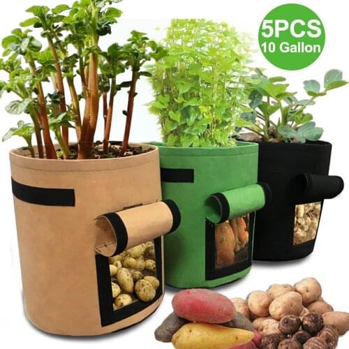 Behogar 5pcs 10 Gallon Round Potato Grow Bags Planting Pouch Container Planter Pots with Handles Velcro Window for Vegetables