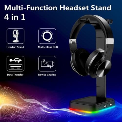 RGB Headphones Stand with 3.5mm AUX and 2 USB Ports, Multifunctional Headphone Holder for Gamers Gaming PC Accessories