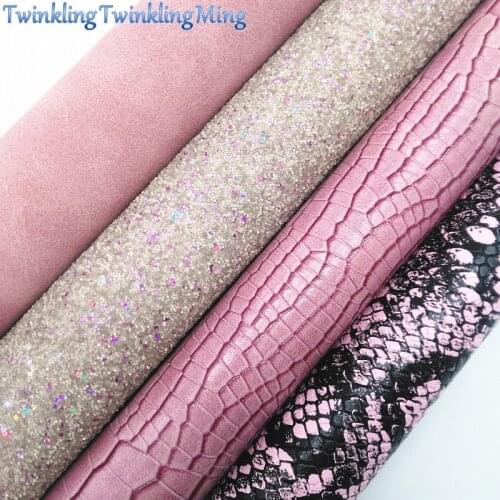 PINK Glitter Fabric, Snake Faux Leather Fabric, Crocodile Synthetic Leather Sheets For Bows A4 8"x11" Twinkling Ming XM143