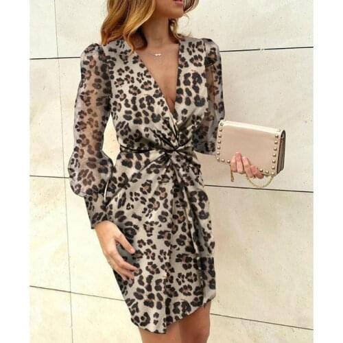 Boho Sundress Women Lady Deep V Floral Leopard Party Club Knotted Dresses Tulle Long sleeve Sexy Elegant Bodycon Vestido Summer