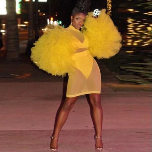 Sexy Short Sheer Women Dress Chic Puffy Long Sleeve See Thru Tulle Cocktail Party Dresses for Girl Party Night Gown Event Wear