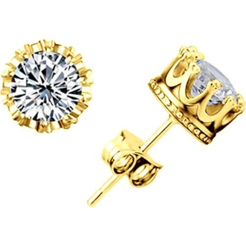 UILZ Fashion Jewelry Crown Women Classic Shining Zircon Small Stud Earrings Gold Color Ears Stud For Men Crystal Earrings UE398