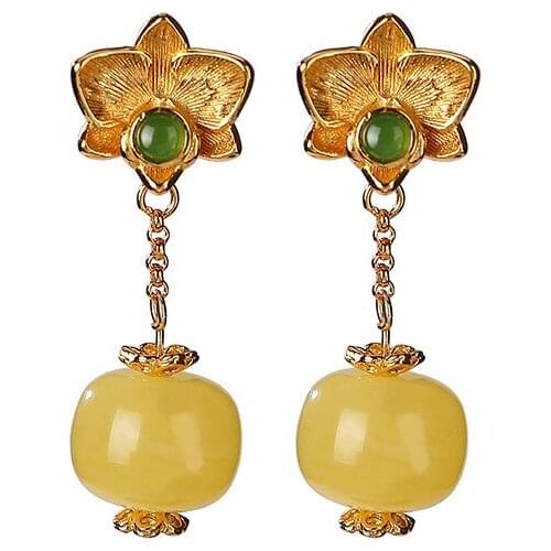 925 sterling silver gold plated Natural Amber Beeswax Ear studs Retro Personality Lotus Temperament Ladies Eardrops Earrings