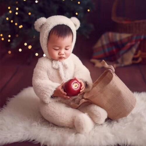 Hat And Cloth Fotografia Studio Photoshooting Baby Photography Props Soft Knitted Cute Bear Bonnet Outfits Romper Costumes