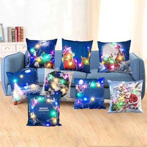 LED Merry Christmas Cushion Cover Santa Claus Xmas Tree Printed Pillow Case Covers Home Room Decor Cushions For Sofa Couch Seat