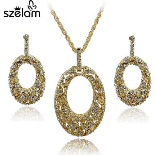Szelam Fashion Gold/Silver Jewelry Sets For Women Hollow Austrian Crystal Earrings Necklaces Set SET140036