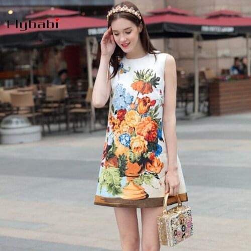 Flower print Jacquard Beading tank O-Neck mini A-Line Sleeveless party dress 2018 Spring Summer New Arrival Fashion women dress