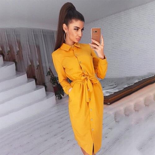 Women Spring Autumn Long Sleeve Shirt Dress Solid Turn-down Neck Single Breasted Pockets Belt Casual Party Office Ladies Dresses
