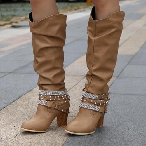 Women Knee High Boots Low Heels Booties Plus Size Gladiator Pu Leather Knight Shoes Woman