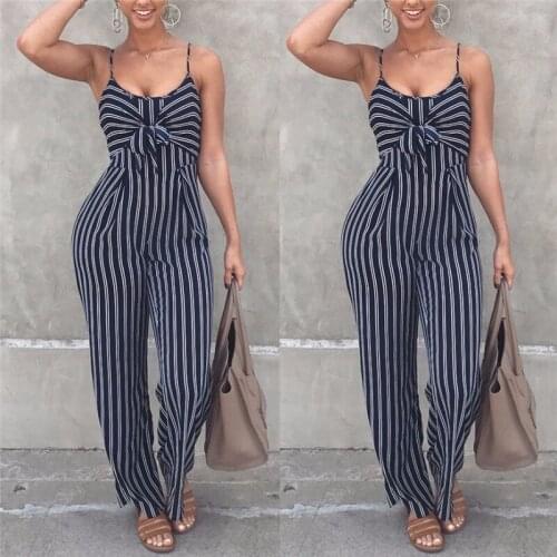 Summer New Blue Bodycon Backless Stripe Jumpsuits Women Sexy Party Clubwear Jumpsuits Casual Bowtie Overalls Jumpsuit Plu