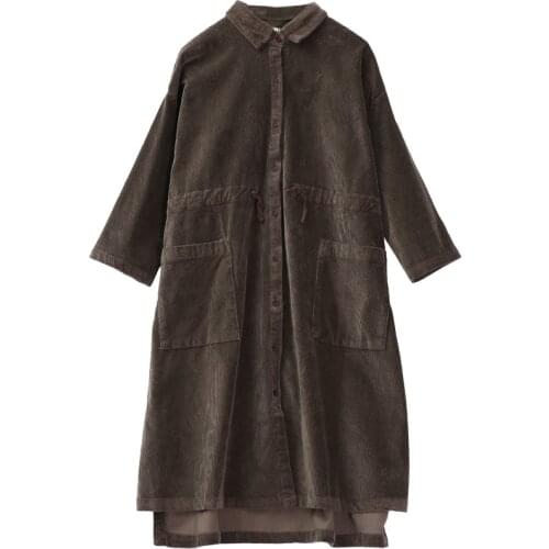 2021 Spring Autumn Female Literature Art Retro Loose Large Size Mid-long Corduroy Drawstring Trench Coat Women Overcoats X876