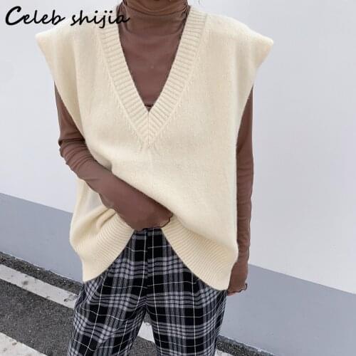 Chic Vintage Knitted Vest Woman V-neck Oversized Apricot Wool Tops Sleeveless Autumn Korean Fashion Black Sweater Vest Fall 2021