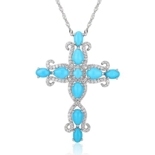 GZ ZONGFA Top Selling Fashion Natural Turquoise Gemstone 925 Sterling Silver Sweater Chain Cross Necklace